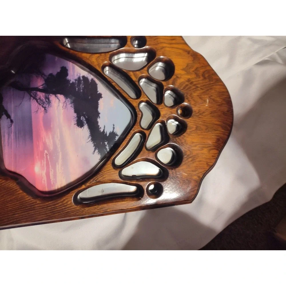 Handmade Wall Hanging With Mirror And Pict Of A Sunset. Shaped Like A Bear Paw